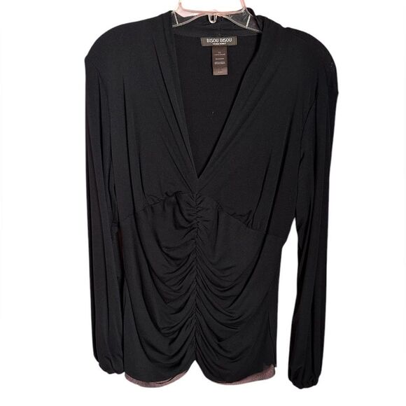Bisou Bisou Michele Bohbot Ruched Black Long Sleeve Blouse Size 1X - Picture 1 of 3
